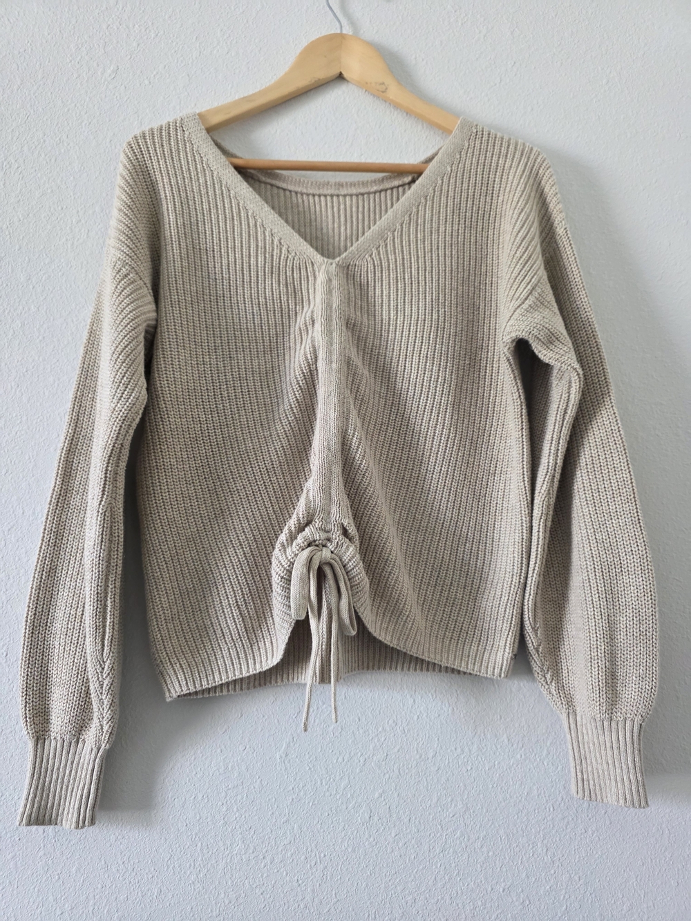 Hollister Beige V-Neck Drawstring Knit Sweater